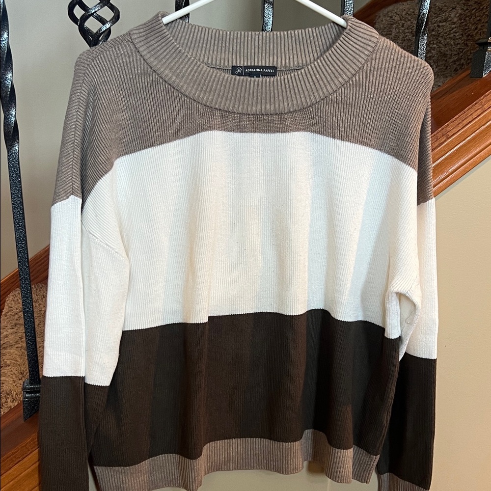 Adrianna Papell Taupe Cream and Chocolate Stripe Crewneck Sweater